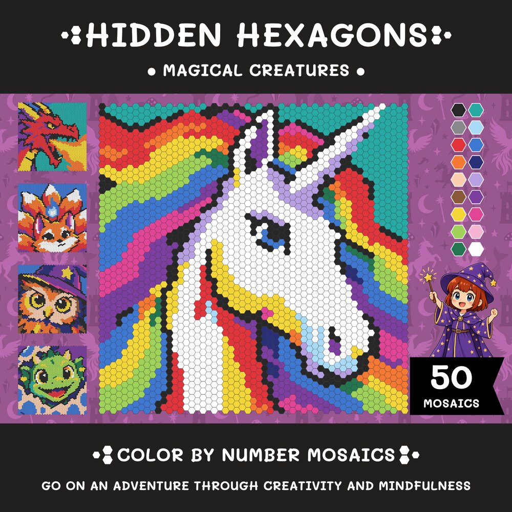 Hidden Hexagons: Magical Creatures color-by-number book cover